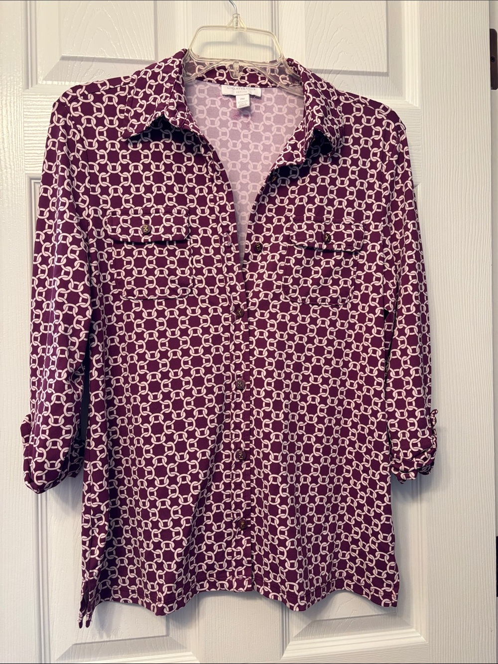 Charter Club Purple and White Chain-Link Button-Up Blouse